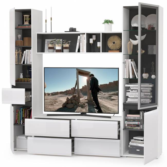 Стенка для гостиной Сидней Комплектация № 23 цвет белый/чёрный/фасады МДФ белый глянец