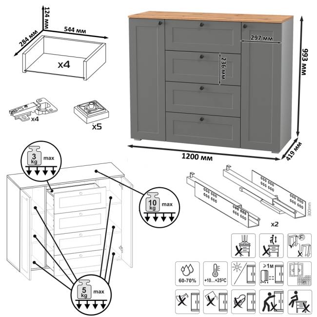 Комод четыре ящика с настенной вешалкой и двумя платяными шкафами Остин цвет серый графит/дуб крафт золотой