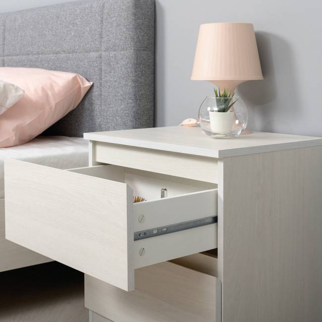 Двуспальная кровать с мягкой спинкой с основанием и двумя тумбочками Ника цвет ясень анкор светлый Двуспальная кровать с мягкой спинкой с основанием и двумя тумбочками Ника цвет ясень анкор светлый