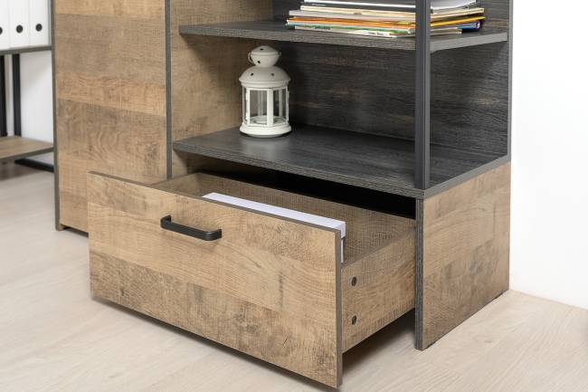 Комод с дверкой и ящиком с ТВ-тумбой для гостиной Трувор и открытый стеллаж с полками цвет дуб гранж песочный/интра