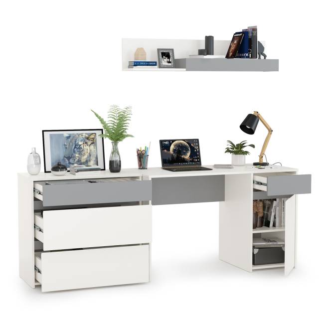 Стол компьютерный с верхней полкой и комодом Торонто цвет белый шагрень/стальной серый