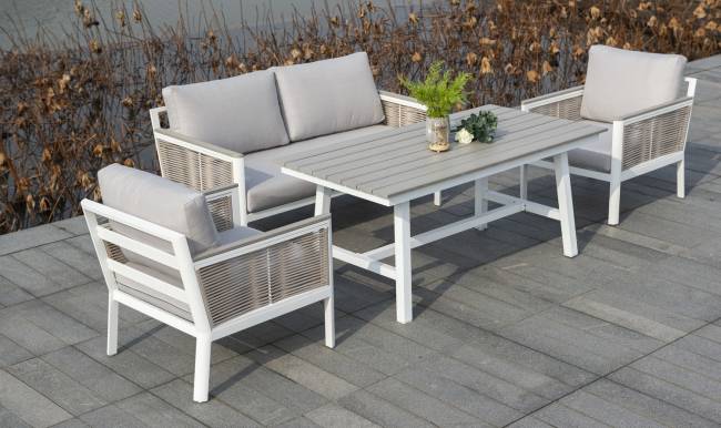 "Сан Ремо" диван 2-местный плетеный из роупа, каркас алюминий белый, роуп бежевый, ткань бежевая "Сан Ремо" диван 2-местный плетеный из роупа, каркас алюминий белый, роуп бежевый, ткань бежевая