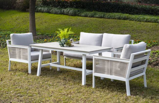 "Сан Ремо" диван 2-местный плетеный из роупа, каркас алюминий белый, роуп бежевый, ткань бежевая "Сан Ремо" диван 2-местный плетеный из роупа, каркас алюминий белый, роуп бежевый, ткань бежевая