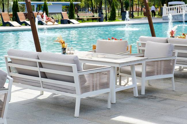 "Сан Ремо" диван 2-местный плетеный из роупа, каркас алюминий белый, роуп бежевый, ткань бежевая "Сан Ремо" диван 2-местный плетеный из роупа, каркас алюминий белый, роуп бежевый, ткань бежевая