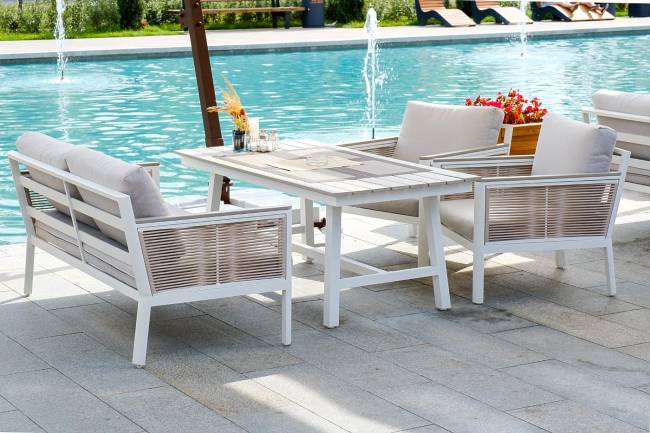 "Сан Ремо" диван 2-местный плетеный из роупа, каркас алюминий белый, роуп бежевый, ткань бежевая "Сан Ремо" диван 2-местный плетеный из роупа, каркас алюминий белый, роуп бежевый, ткань бежевая