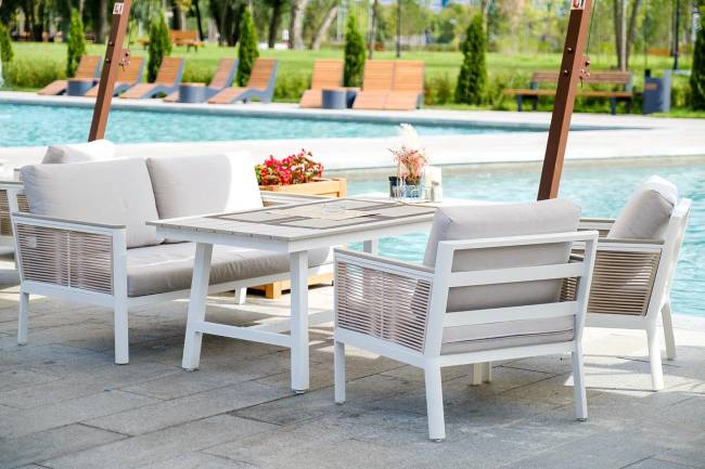 "Сан Ремо" диван 2-местный плетеный из роупа, каркас алюминий белый, роуп бежевый, ткань бежевая "Сан Ремо" диван 2-местный плетеный из роупа, каркас алюминий белый, роуп бежевый, ткань бежевая