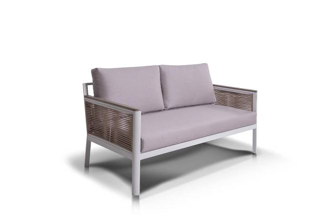 "Сан Ремо" диван 2-местный плетеный из роупа, каркас алюминий белый, роуп бежевый, ткань бежевая "Сан Ремо" диван 2-местный плетеный из роупа, каркас алюминий белый, роуп бежевый, ткань бежевая