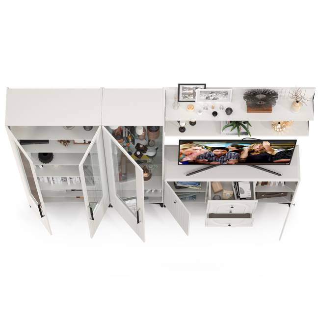 Тумба-комод и шкаф с тремя стеклянными дверками в гостиную Валенсия цвет белый шагрень Тумба-комод и шкаф с тремя стеклянными дверками в гостиную Валенсия цвет белый шагрень