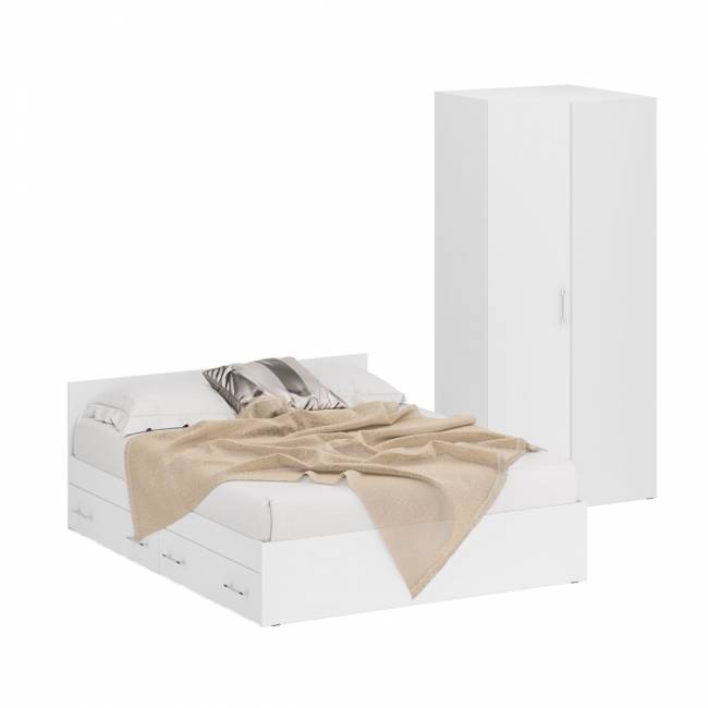 Двуспальная Кровать белая с ящиками 1600 с угловым шкафом Стандарт цвет белый Двуспальная Кровать белая с ящиками 1600 с угловым шкафом Стандарт цвет белый