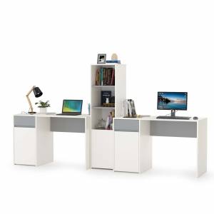 Два письменных стола и открытый стеллаж Торонто цвет белый шагрень/стальной серый
