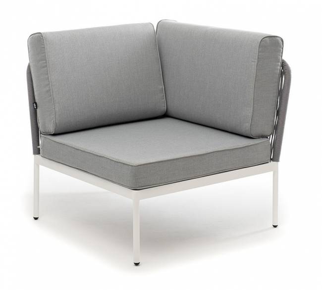 "Канны" угловой модуль плетеный из роупа, каркас алюминий белый шагрень, роуп светло-серый круглый, ткань светло-серая "Канны" угловой модуль плетеный из роупа, каркас алюминий белый шагрень, роуп светло-серый круглый, ткань светло-серая