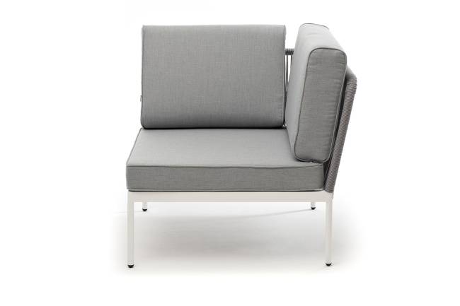 "Канны" угловой модуль плетеный из роупа, каркас алюминий белый шагрень, роуп светло-серый круглый, ткань светло-серая "Канны" угловой модуль плетеный из роупа, каркас алюминий белый шагрень, роуп светло-серый круглый, ткань светло-серая