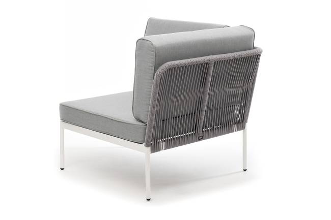 "Канны" угловой модуль плетеный из роупа, каркас алюминий белый шагрень, роуп светло-серый круглый, ткань светло-серая "Канны" угловой модуль плетеный из роупа, каркас алюминий белый шагрень, роуп светло-серый круглый, ткань светло-серая