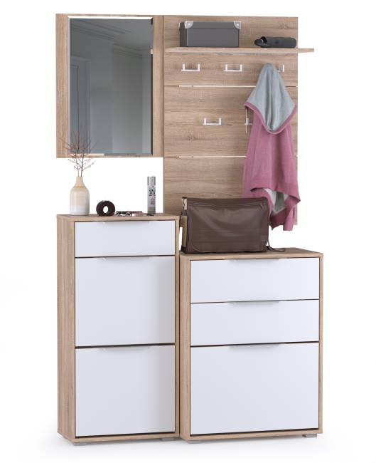 Обувница 13.113 + Вешалка 10.122 + обувница 13.114 + Зеркало Куба цвет дуб сонома/белый премиум Обувница 13.113 + Вешалка 10.122 + обувница 13.114 + Зеркало Куба цвет дуб сонома/белый премиум