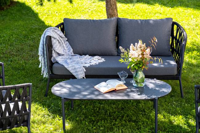 "Диего" лаунж-зона 4-местная плетеная из роупа (веревки), каркас алюминиевый темно-серый, роуп темно-серый "Диего" лаунж-зона 4-местная плетеная из роупа (веревки), каркас алюминиевый темно-серый, роуп темно-серый