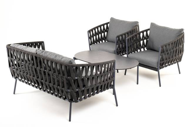 "Диего" лаунж-зона 4-местная плетеная из роупа (веревки), каркас алюминиевый темно-серый, роуп темно-серый "Диего" лаунж-зона 4-местная плетеная из роупа (веревки), каркас алюминиевый темно-серый, роуп темно-серый