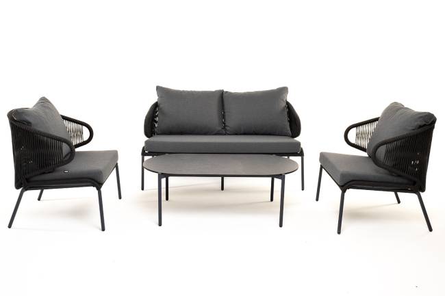 "Милан" лаунж-зона 4-местная плетеная из роупа (веревки), каркас алюминиевый темно-серый, роуп темно-серый "Милан" лаунж-зона 4-местная плетеная из роупа (веревки), каркас алюминиевый темно-серый, роуп темно-серый