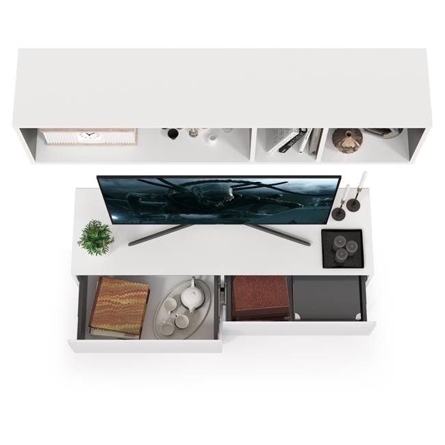 ТВ тумба Сидней с полкой цвет белый/чёрный/фасады МДФ белый глянец