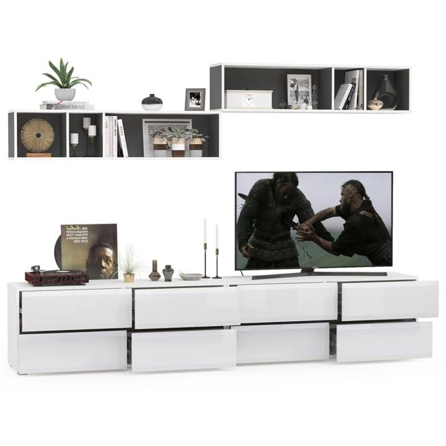 Две ТВ тумбы Сидней с полками цвет белый/чёрный/фасады МДФ белый глянец