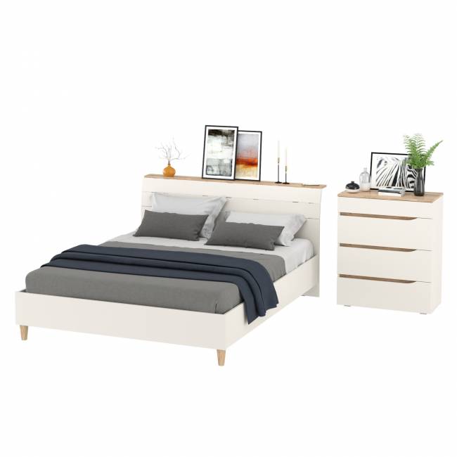 Комод четыре ящика Муссон и кровать со спальным местом 1600х200 цвет белый/дуб эндгрейн элегантный
